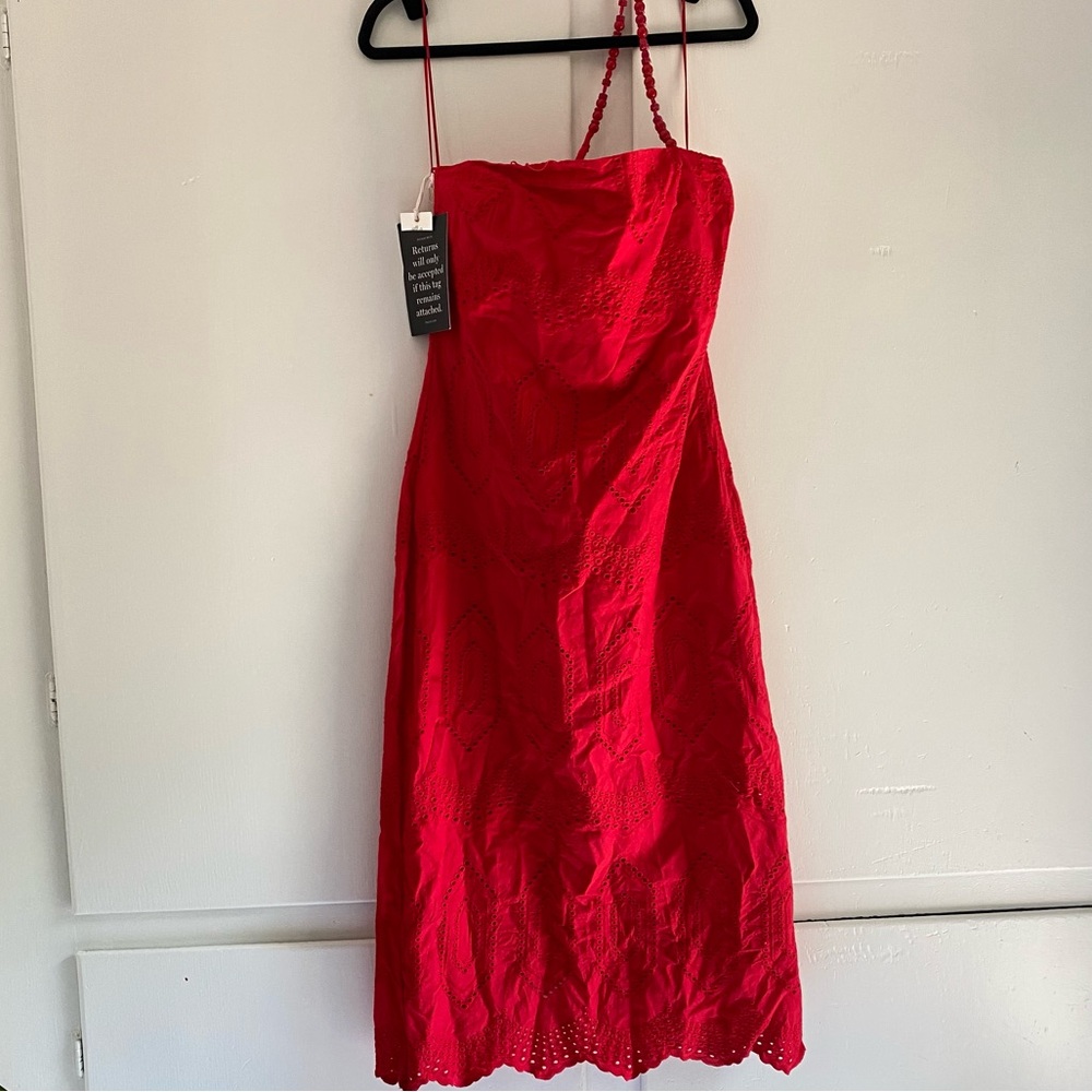 Hyacinth House Tuckernuck Red Eyelet Ibiza Beaded Strap Midi Dress Elegant L